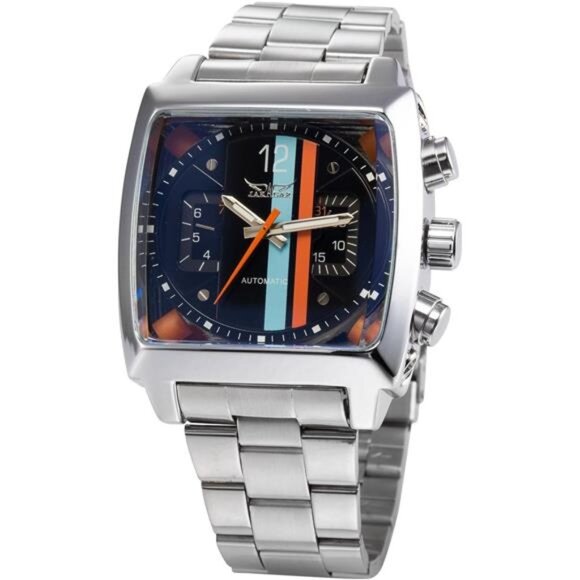 Mens Automatic Analog Oblong Date Silver Stainless Steel Wrist Watch